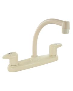 Faucet; Used For Kitchen; Single Piece 8 Inch Deck Mount; 9 Inch Hi-Arc Spout; 2 Acrylic Lever Handle; Biscuit/ Plastic Underbody; 2 Hole Application; 1/4 Turn Washerless Valve; With Individual Box
