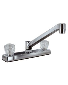 Faucet; Used For Kitchen; Single Piece 8 Inch Bar Deck Mount; 8 Inch D-Spout; 2 Clear Crystal Acrylic Knob Handle; Polished Chrome Plated/ Plastic Underbody; 2 Hole Application; Plastic Compression Valve; With Individual Box