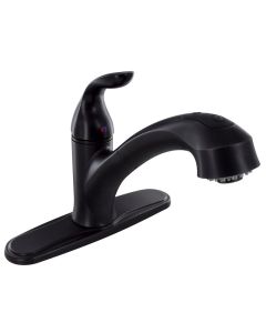 Faucet; Used For Kitchen; Single Piece 8 Inch Deck Mount; 10 Inch Pull Out Spout; Single Lever Handle; Rubbed Bronze Coated/ Plastic Polymer Infused With Powdered Metal Underbody; 1 Hole/ 3 Hole Application; 2-3/4 Inch Round Faucet Pillar; Ceramic Disc Va