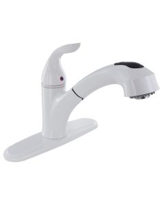 Faucet; Used For Kitchen; Single Piece 8 Inch Deck Mount; 10 Inch Pull Out Spout; Single Lever Handle; White/ Plastic Polymer Infused With Powdered Metal Underbody; 1 Hole/ 3 Hole Application; 2-3/4 Inch Round Faucet Pillar; Ceramic Disc Valve; With Mount