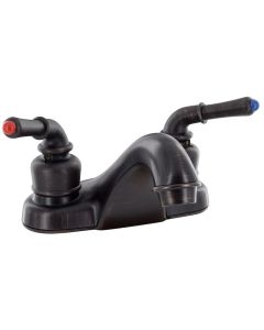 Faucet; Catalina; Used For Lavatory; Single Piece 4 Inch Deck Mount; Low-Arc Spout; 2 Teapot Handle; Rubbed Bronze Coated/ Plastic Underbody; 2 Hole Application; 1/4 Turn Washerless Valve; With Individual Box
