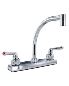 Faucet; Used For Kitchen; Single Piece 8 Inch Bar Deck Mount; 9 Inch Hi-Arc Spout; 2 Teapot Handle; Polished Chrome Plated/ Plastic Underbody; 2 Hole Application; Plastic Compression Valve; With Individual Box
