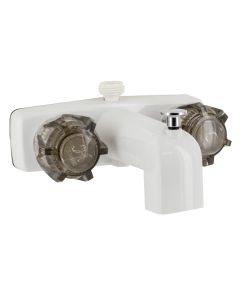 Faucet; Used For Bathtub; Single Piece 4 Inch Wall Mount With Tub/ Shower Diverter; 2 Smoked Crystal Acrylic Knob Handle; White/ Plastic Underbody; 2 Hole Application; Plastic Compression Valve; With D-Spud To Attach Hand-Held Shower; With Individual Box