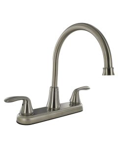 Faucet; Used For Kitchen; Single Piece 8 Inch Deck Mount; 9 Inch Hi-Arc Spout; 2 Lever Handle; Brushed Nickel Plated/ Plastic Polymer Infused With Powdered Metal Underbody; 2 Hole Application; 1/4 Turn Washerless Valve; With Individual Box
