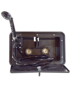 Exterior Shower; 12-3/8 Inch Width x 8-3/8 Inch Height/ Cut-out Dimensions 10-3/4 Inch Width x 5-3/4 Inch Height x 3-11/16 Inch Depth; Black; Key Lockable; With 2 Acrylic Knob Handle/ Hand-Held Shower With 59 Inch Vinyl Hose/ Plastic Compression Valve; Wi