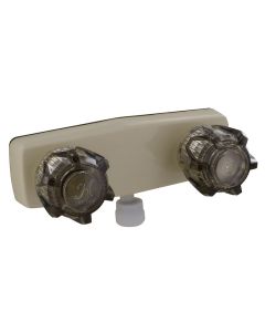 Shower Control Valve; 2 Valve; Single Piece Wall Mount; Plastic Compression Valve; 4 Inch Center Distance; 2 Hole Application; 2 Black Acrylic Knob Handle; Biscuit; Plastic Underbody; With Vacuum Breaker To Attach Hand Held Shower Hose; With Individual Bo