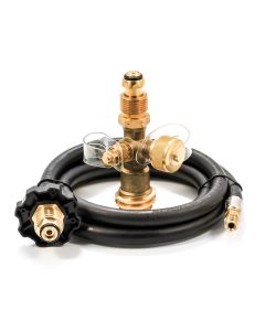 Propane Supply Splitter; Allows Connection of Additional Appliances; Female Prest-O-Lite (POL)/ Male ACME Thread x Excess Flow Soft Nose Prest-O-Lite (POL) x 1 Inch-20 Male Throwaway Cylinder Thread x 1/4 Inch Inverted Flare; 4 Ports; With 5 Foot Supply H