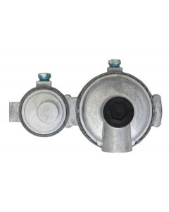 Propane Regulator; Excela-Flo; 1/4 Inch FNPT Inlet x 3/8 Inch FNPT Outlet With 90 Degree Vent; Two Stage; 175000 BTU; Without Hose; Zinc Powder Coated; Zinc Die Casted; With POL Connector; With Plastic Clamshell Package; Horizontal Mount
