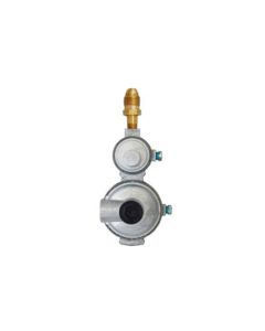 Propane Regulator; Excela-Flo; POL Inlet x 3/8 Inch FNPT Outlet With 90 Degree Vent; Two Stage; 175000 BTU; Without Hose; Zinc Powder Coated; Zinc Die Casted; With POL Connector; With Plastic Clamshell Package; Horizontal Mount
