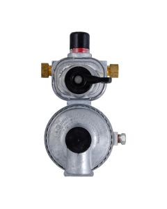 Propane Regulator; Excela-Flo; 1/4 Inch Female Inverter Flare x 3/8 Inch FNPT; Two Stage; 225000 BTU I Stage/ 150000 BTU II 2 Stage; Without Hose; Zinc Powder Coated; Zinc Die Casted; Internal Relief Spring Loaded Diaphragm Type; With Plastic Clamshell Pa
