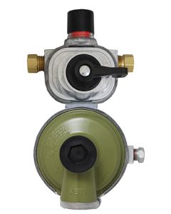 Propane Regulator; Excela-Flo; 1/4 Inch Female Inverter Flare x 3/8 Inch FNPT; Two Stage; 350000 BTU I Stage/ 200000 BTU II 2 Stage; Without Hose; Zinc Powder Coated; Zinc Die Casted; Internal Relief Spring Loaded Diaphragm Type; With Plastic Clamshell Pa