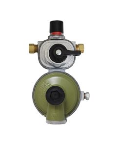 Propane Regulator; Excela-Flo; 1/4 Inch Female Inverter Flare x 3/8 Inch FNPT; Two Stage; 350000 BTU I Stage/ 200000 BTU II 2 Stage; Without Hose; Zinc Powder Coated; Zinc Die Casted; Internal Relief Spring Loaded Diaphragm Type; Vertical Mount
