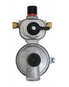 Propane Regulator; Excela-Flo; 1/4 Inch Inverter Flare X 3/8 Inch FPT; Two Stage; 225000 BTU I Stage/ 150000 BTU II Stage; Without Hose; Zinc Powder Coated; Zinc Die Casted; Internal Relief Spring Loaded Diaphragm Type; Vertical Mount
