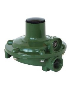 Propane Regulator; Excela-Flo; 1/4 Inch FNPT Inlet x 3/8 Inch FNPT Outlet With 90 Degree Vent; Single Stage; 140000 BTU; Without Hose; Not Approved For RV Use; Wet Coated; Green; Die Cast Aluminum; With Plastic Clamshell Package; Vertical Mount
