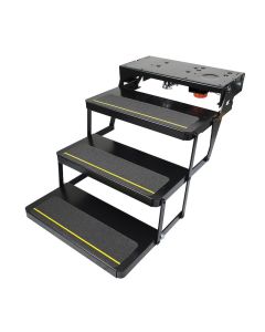 Entry Step; Series 25; Triple Electric Folding Step; 24 Inch Tread Width x 9 Inch Depth; With 8 Inch Rise; Up To 300 Pound Weight Capacity; Powder Coated/ Heavy Gauge Steel; 9.42 Inch Collapsed Height; With Amber LED Lighting; With Step Control And Door S