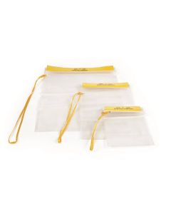 Waterproof Pouch; Set of 3; One 10-1/2 Inch x 13-1/2 Inch/ One 6-3/4 Inch x 10 Inch and One 4-3/4 Inch x 7 Inch; Triple Fold Top With Hook and Loop Closure; With Strap; Clear; Vinyl
