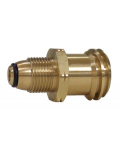 Propane Adapter Fitting; Male POL (Prest-O-Lite) With O-Ring x 1-5/16 Inch Male ACME (Female POL); Brass; Single; Quick Closing Shutoff; With Plastic Clamshell
