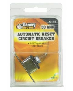 Circuit Breaker; 50 Amp; Fits 6 to 24 Volt Application; Automatic Reset; Single; Stud Mounted With Right Angle Bracket
