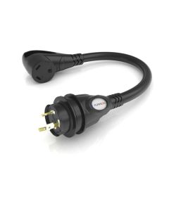 Power Cord Adapter; From 30 Amp RV Straight Blade Female Connector To 20 Amp Locking Male Plug; Pigtail Adapter; Polarized; Black; With LED Power Indicator Ends; With Plug Head Handle Grip
