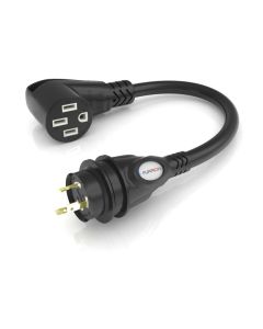 Power Cord Adapter; From 50 Amp/125/250 Volt Straight Blade RV Female Connector To 30 Amp Locking Male Plug; Pigtail Adapter; Polarized; Black; With LED Power Indicator Ends; With Plug Head Handle Grip
