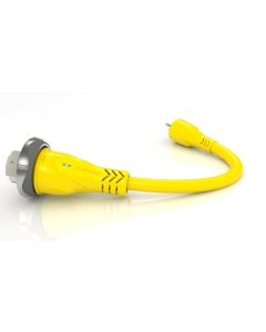 Power Cord Adapter; For Providing One 50 Amp/125/250 Volt Female Connector From One 15 Amp Male Plug; Pigtail Adapter; Yellow; With Threaded Locking Rings; Weatherproof; With LED Power Indicator Ends; With Weatherproof Storage Bag/ Protective End Caps/ Pl