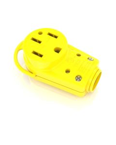 Power Cord Plug End; Universal To All Other Brands; 50 Amp/ 125/250 Volt; Straight Blade Female Connector; Yellow; Nickel Plated Brass Blades/ Thermoplastic Vinyl Covers And Rings
