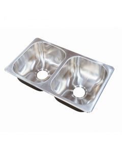 Sink; Better Bath; Double Bowl Drawn Sink; 27 Inch Width x 16 Inch Length x 7 Inch Depth; Top Or Under Mount; Without Faucet Mount; 20 Gauge T-304 Stainless Steel; 3-1/2 Inch Drain Fitting Size; With Coved Corners And Channel Grooves In Sink
