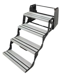 Entry Step; Alumi-Tread ™; 4 Manual Folding Step; Bolt On; Aluminum Step Treads With Anti-Slip Rubber Grooves; Powder Coated Black Heavy Gauge Steel Frame; Not Illuminated; Self Locking

