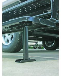 Entry Step Support; Use To Reduce Stress on The Entry Step; Self Storing Under Step Permanent Mount; 8-1/2 Inch to 14 Inch Adjustable Height; Black; Steel; Round Tube With Square Base; Single
