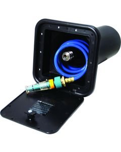 Exterior Spray Port; Spray-Away ™; Self-Storing Unit With Quick Connect Valve; 7-1/2 Inch Square x 18 Inch Depth; 5-1/2 Inch Square Hole Installation; Black; Plastic; With 15 Foot Coiled Hose
