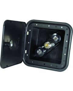 Exterior Spray Port; Spray-Away ™; Faucet Type With Hot/ Cold Outlet And Quick Connect Valve With Box; 5-3/4 Inch Depth; 5-1/2 Inch Square Hole Installation; 2 Black Knob Handle; Plastic Compression Valve; Black; Plastic Underbody; Needs Quick Connect Coi