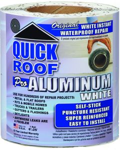 Roof Repair Tape; Quick Roof ™; Use To Repair Leaks On Metal And Flat Roofs/ RV And Mobile Homes/ Trucks And Trailers/ Gutters/ Flashings And Skylights; Aluminum Foil Tape; 6 Inch Width x 25 Foot Roll; White; Waterproof And Puncture Resistant
