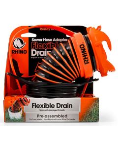 Sewer Hose Connector; RhinoEXTREME ™; For Connecting Sewer Hose to Dump Station; Flexible Drain With 360 Degree Swivel Bayonet Fitting; Seal Fits 3 Inch/ 3-1/2 Inch/ 4 Inch Inlet; Black And Orange; With RhinoEXTREME ™ Hose/ 3-In-1 Seal Adapter/ Pull Handl