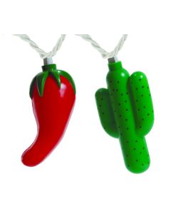Party Lights; Chili and Cactus; 8 Foot Length; 10 Lights; For Indoor/ Outdoor Use; 120 Volt With Overload Protection; With Light String/ Two Spare Bulbs/ Spare Fuse
