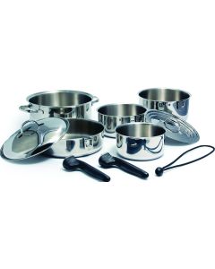 Cookware Set; Stainless Steel With Aluminum Core; 7 Piece Nesting Set; Dishwasher Safe; Compatible With Induction Ranges; Removable Handles Which Make Pans Oven Safe; With 1 Dome Lid/ 1 Stepped Lid/ 2 Quart Saucepan/ 1-1/2 Quart Saucepan/ 3 Quart Saucepan