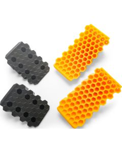 Leveling Block; Used To Level Single Axle/ Tandem Axle Trailers Or RV While Parked; Curved Style With Wheel Chock; Adds Up To 4 Inch Height; 30000 Pound Capacity; Plastic Honeycomb Design Leveler And Plastic Chock With Rubber Grips; Set Of 2 Levelers And 