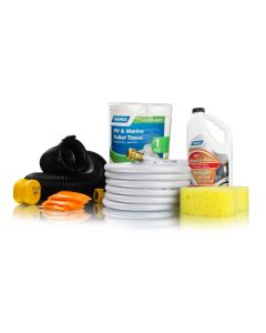 RV Start Up Kit; Starter Kit; For Motorhome; Level II Kit; 3 TST Orange Drop-Ins/ 10 Foot Standard Sewer Hose With Pre-Attached Fitting/ 15 Amp Male To 30 Amp Female Power Grip Adapter/ RV Toilet Tissue - 1 Ply - 4 Pack/ Tastepure 25 Foot Drinking Water H