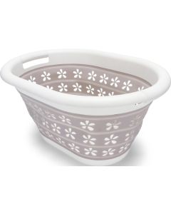 Collapsible Container; Utility Basket; 14-1/2 Inch Width x 19-3/4 Inch Length; 2-1/2 Inch Height When Collapsed/ 10 Inch Height When Expanded; White/ Taupe; Waterproof Material
