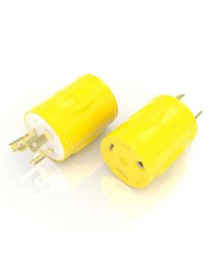 Power Cord Plug End; Generator One Piece Adapter; 30 Amp RV Female Connector To 30 Amp Locking Male Plug; Yellow; Nickel Plated Brass Blades
