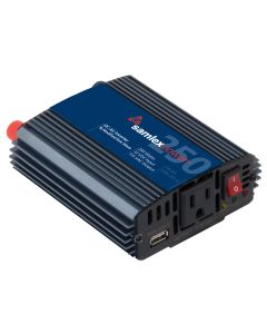 Power Inverter; SAM Series; Inverts 12 Volt DC To 115 Volt AC; 250 Watt; 25 Amp Continuous Output; 90 Percent Efficiency; With 1 AC Outlet; Thermal/ Battery Overload/ Short Circuit/ Earth Fault Protection Circuit/ Low Battery Input Alarm; 5.9 Inch Length 