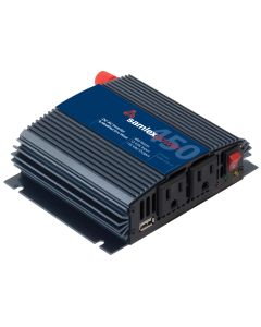 Power Inverter; SAM Series; Inverts 12 Volt DC To 115 Volt AC; 450 Watt; 45 Amp Continuous Output; 90 Percent Efficiency; With 2 AC Outlets; Thermal/ Battery Overload/ Short Circuit/ Earth Fault Protection Circuit/ Low Battery Input Alarm; 6.1 Inch Length