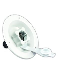 Fresh Water Inlet; Direct OEM Replacement; Used For RV Fresh Water System; Recessed Inlet Without Hatch; 3-1/2 Inch Diameter Cutout Size; 4-3/4 Inch Outside Diameter x 3/4 Inch Dish Depth; 3 Inch Valve Depth; Plastic Check Valve With 1/2 Inch Male Pipe Th