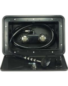 Exterior Shower; 12-3/8 Inch Width x 8-3/8 Inch Height/ Cut-out Dimensions 10-3/4 Inch Width x 5-3/4 Inch Height x 3-11/16 Inch Depth; Black; Key Lockable; With 2 Acrylic Knob Handle/ Hand-Held Shower With 59 Inch Vinyl Hose/ Plastic Compression Valve; Wi