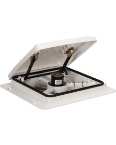 Roof Vent; MaxxFan® Plus; Manual Lift Opening; For 14 Inch x 14 Inch Vent; Fits Roof Depth 2 Inch to 6-1/2 Inch Thick; With Screen; With Fan; White; UV Resistant ABS Plastic Mounting Flange; With Thermostat/ White Interior Garnish/ Mounting Hardware; With