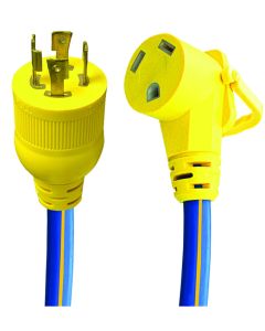 Power Cord Adapter; Pro Series; For Connecting RV Power Inlet To Generator Power Source; L14-30P Plug And 30 Amp Receptacle; Yellow And Blue; 30 Amp; 18 Inch Length; Without Lock; Not Water Proofed; Without Light End; With EZEE Grip Handle