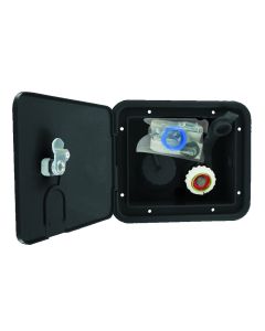 Fresh Water Inlet; Used For RV Fresh Water System; Lockable Gravity Hatch Type; 1/2 Inch Male Pipe Thread/ 1-1/4 Inch Barb Connection/ 1/2 Inch Air Vent; For 5-7/8 Inch Width x 4-3/4 Inch Height Cutout; 7-5/8 Inch Width x 6-1/2 Inch Height Overall Dimensi