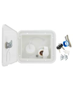 Fresh Water Inlet; Used For RV Fresh Water System; Lockable Gravity Hatch Type; 1/2 Inch Male Pipe Thread/ 1-1/4 Inch Barb Connection/ 1/2 Inch Air Vent; For 5-7/8 Inch Width x 4-3/4 Inch Height Cutout; 7-5/8 Inch Width x 6-1/2 Inch Height Overall Dimensi