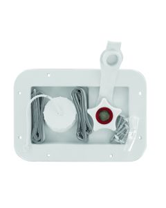 Fresh Water Inlet; Used For RV Fresh Water System; Gravity Hatch Type; 1/2 Inch Male Pipe Thread/ 1-1/4 Inch Barb Connection/ 1/2 Inch Air Vent; For 5-1/2 Inch Width x 3-1/2 Inch Height Cutout; 7-1/2 Inch Width x 5-1/4 Inch Height Overall Dimensions; With