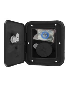 Fresh Water Inlet; Used For RV Fresh Water System; Lockable Gravity Hatch Type; 1-1/4 Inch Barb Connection/ 1/2 Inch Air Vent; Universal Size Fits Both 4-1/4 Inch Width x 4-3/4 Inch Height And 4 Inch Width x 3 Inch Height Cutouts; 6 Inch Width x 6-1/2 Inc