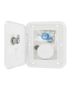 Fresh Water Inlet; Used For RV Fresh Water System; Lockable Gravity Hatch Type; 1-1/4 Inch Barb Connection/ 1/2 Inch Air Vent; Universal Size Fits Both 4-1/4 Inch Width x 4-3/4 Inch Height And 4 Inch Width x 3 Inch Height Cutouts; 6 Inch Width x 6-1/2 Inc